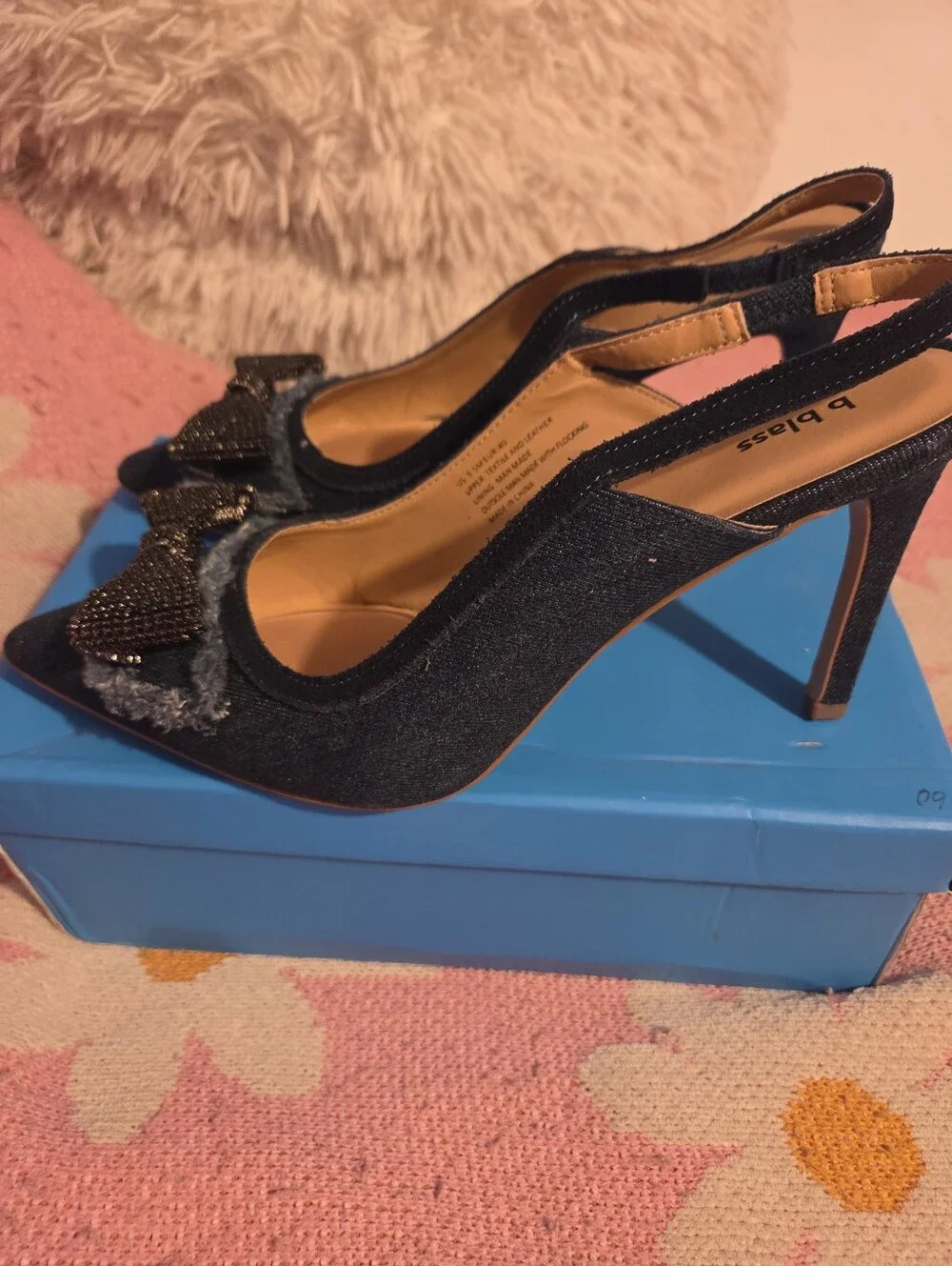 Bill Blass Dark Blue Denim Pointed Slingback Heels with Beaded Bow